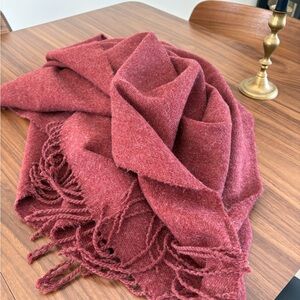 Burgundy Wool-blend Blanket Scarf with Fringe